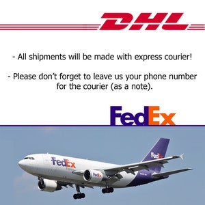May include: The DHL and FedEx logos are displayed above a photograph of a FedEx airplane in flight. The DHL logo is red and white, while the FedEx logo is purple and orange. The airplane is white with the FedEx logo on the side.