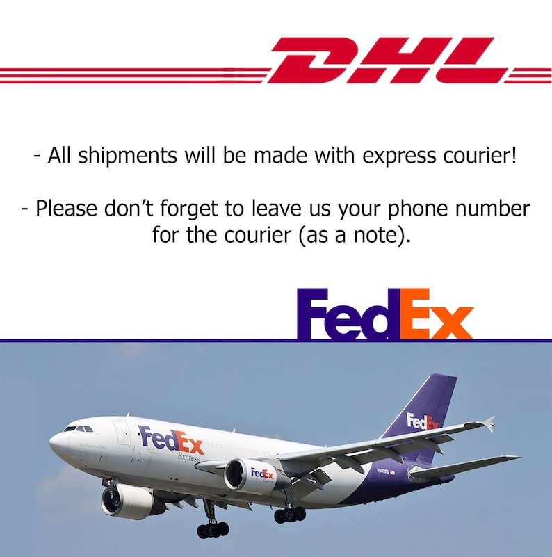 May include: The DHL and FedEx logos are displayed above a photograph of a FedEx airplane in flight. The DHL logo is red and white, while the FedEx logo is purple and orange. The airplane is white with the FedEx logo on the side.