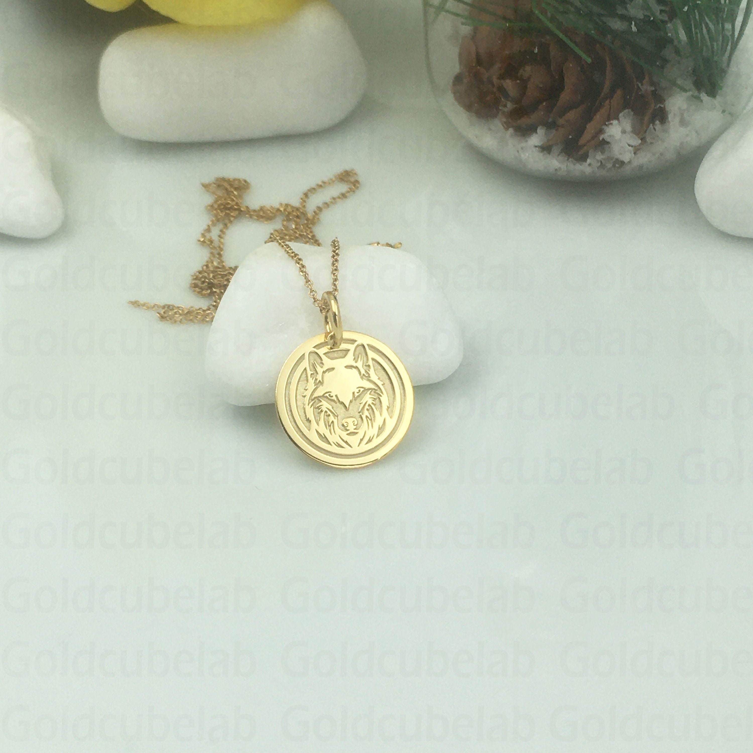 Real 14k Solid Gold Wolf Necklace, Personalized Wolf Pendant, Wolf Coin Necklace, Animal Jewelry, Wolf Custom Necklace, Wolf Charm Pendant