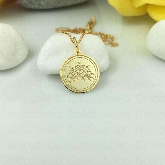 Real 14k Solid Gold Compass Necklace, Navigation Compass Layering Gold Pendant, Personalized Compass Charm, Dainty Compass With Mountains