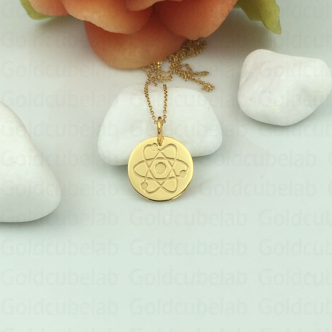 Real 14k Solid Gold Atom Necklace, Personalized Atom Pendant, Science ...