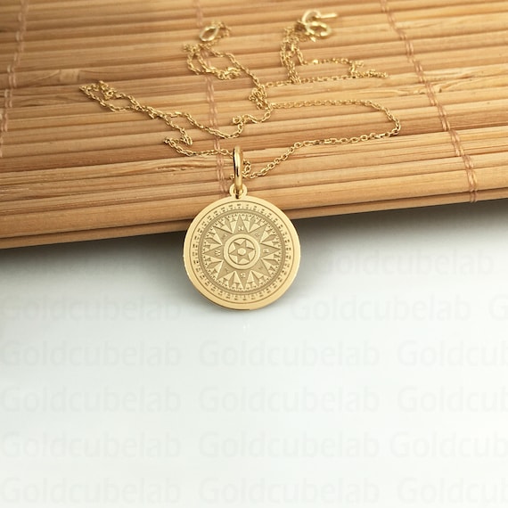 Real 14K Solid Gold Compass Necklace, Personalized Compass Pendant, Engraved Compass Charm, Gold Disc Compass Necklace, Dainty Gold Pendant