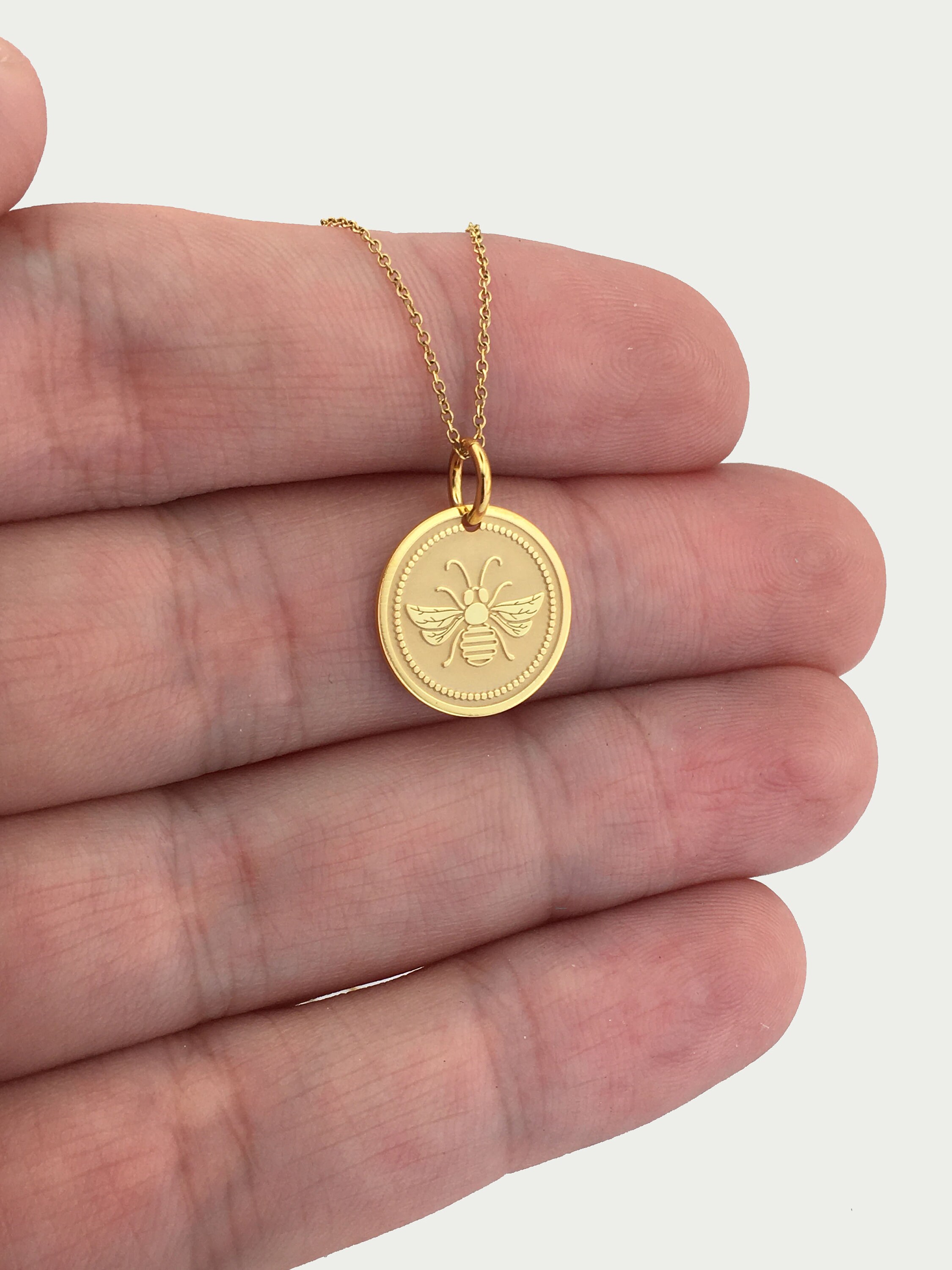 Real 14k Solid Gold Bee Necklace Personalized Honeybee Etsy