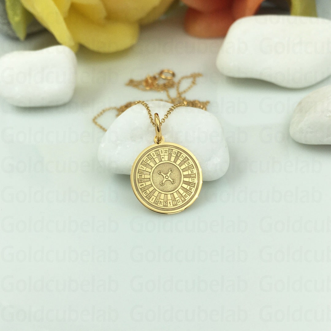 Real 14k Solid Gold Roulette Wheel Necklace, Personalized Roulette