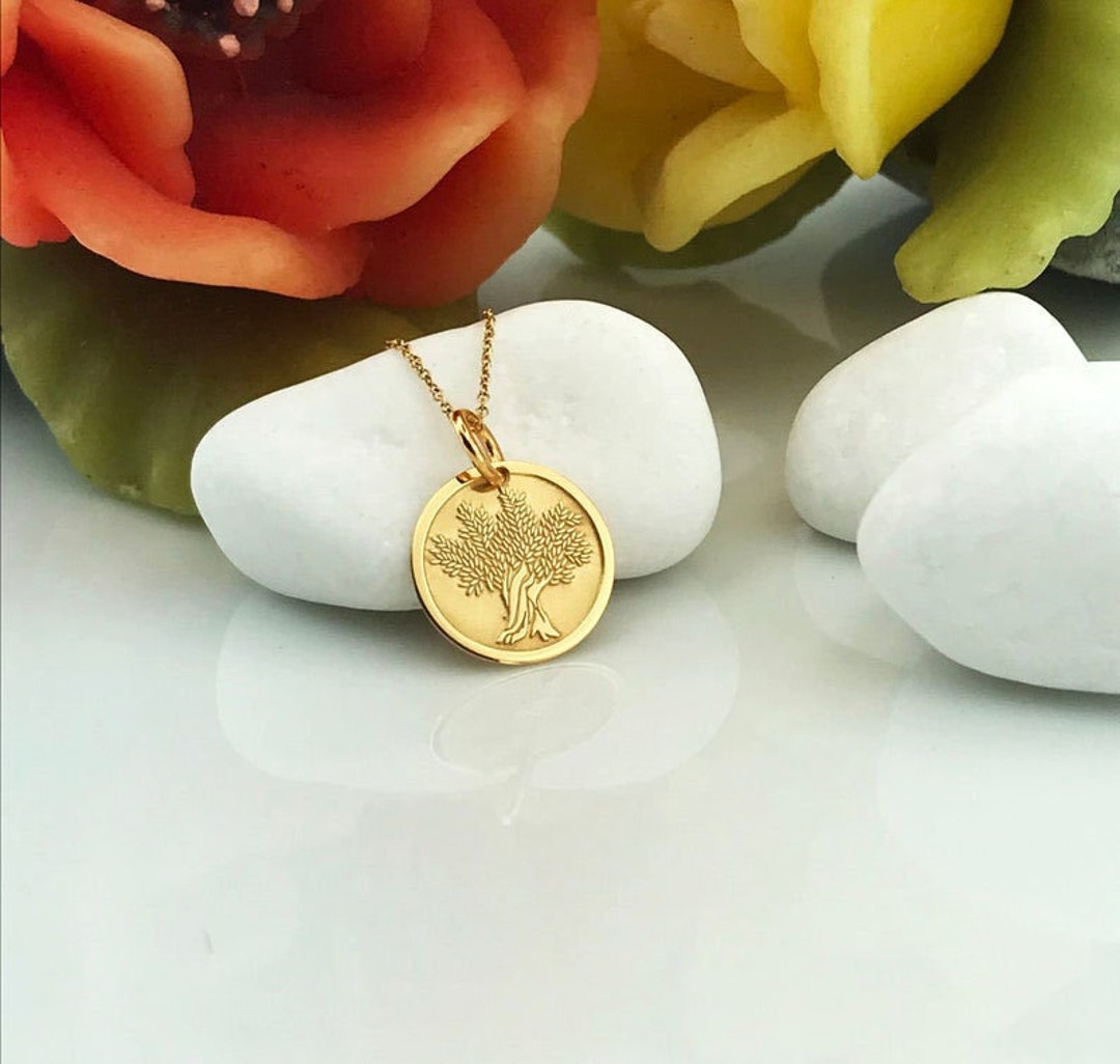 Real 14k Solid Gold Olive Tree Necklace, Greek Olive Tree Pendant