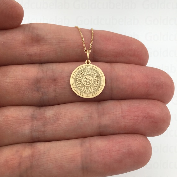 Compass Necklace, Compass Jewelry, Engraved Compass Charm, 14K Solid Gold Pendant, Gold Compass Gift, Traveler Gift, Personalized Gift
