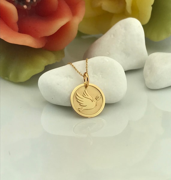14k Yellow Gold Doves and Flower Charm Holder Necklace