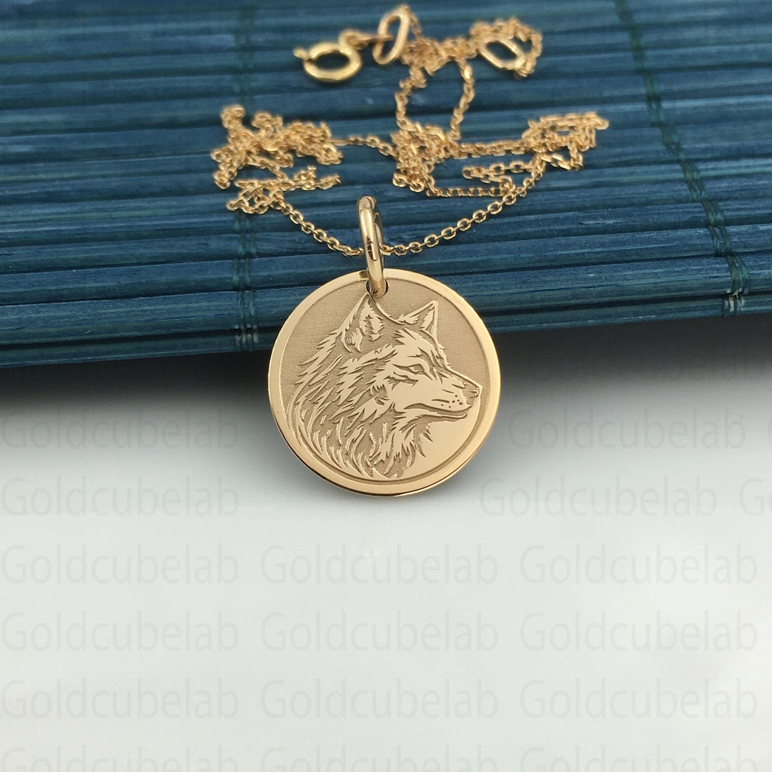 Real 14k Solid Gold Wolf Necklace, Personalized Wolf Pendant, Charm