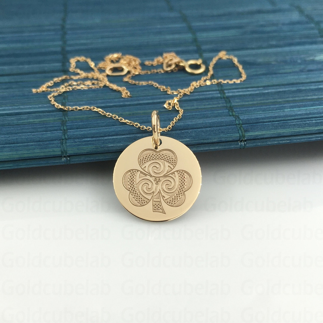 Real 14K Solid Gold Celtic Lucky Clover Pendant, Personalized Lucky ...