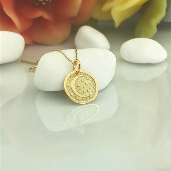 Real 14k Solid Gold Moon Necklace, Personalized Moon Pendant