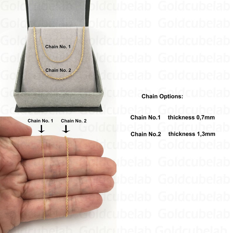 May include: Gold chain necklaces displayed in a gray jewelry box. The image shows two chain options: Chain No. 1 with a thickness of 0.7mm and Chain No. 2 with a thickness of 1.3mm. The chains are also shown held up in a hand.