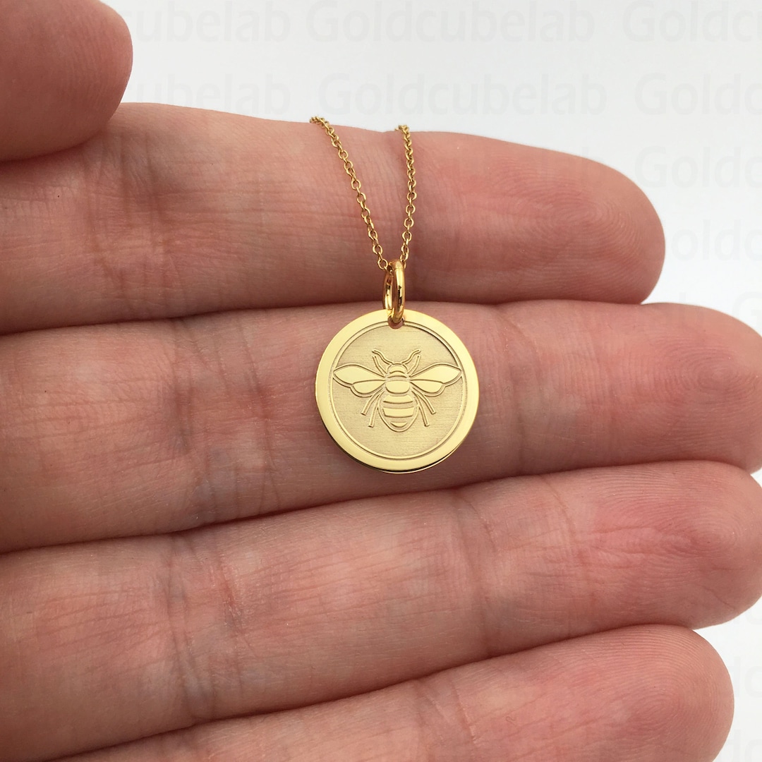 Real 14k Solid Gold Bee Necklace, Personalized Bee Pendant, Gold