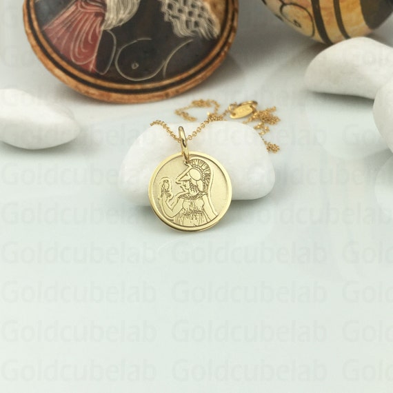 Real 14k Solid Gold Athena Necklace, Personalized Athena Pendant, Athena Greek Goddess, Ancient Greek Jewelry, Greek Mythology Medallion