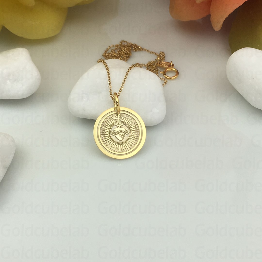 Real 14k Solid Gold Sacred Heart Necklace, Personalized Sacred