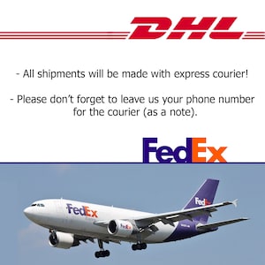 May include: The DHL and FedEx logos are displayed above a photograph of a FedEx airplane in flight. The DHL logo is red and white, while the FedEx logo is purple and orange. The airplane is white with the FedEx logo on the side.