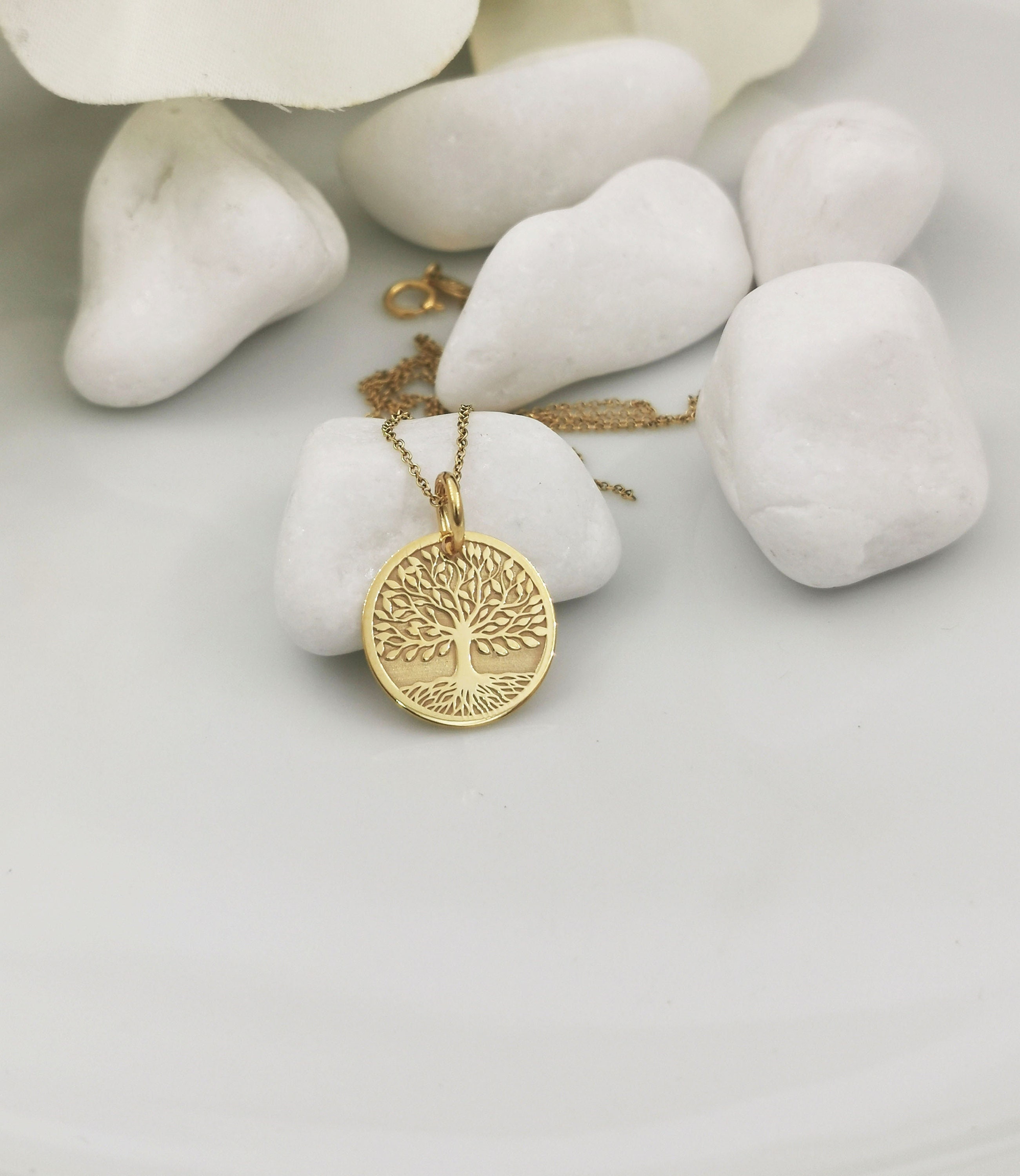 Real 14K Solid Gold Tree of Life Disc Pendant Gold Tree of Life