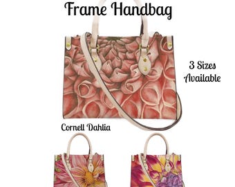 Floral Frame Handbag, Watercolor Dahlia Print Faux Leather Shoulder Bag