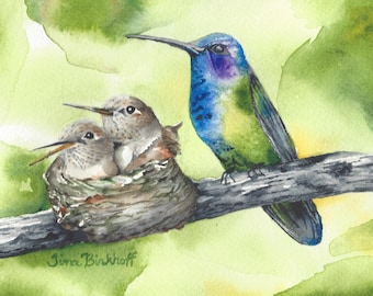 Hummingbird Family Watercolor Print Card: Baby Bird Painting