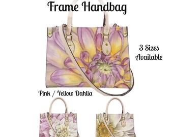 Floral Frame Handbag, Watercolor Dahlia Print, Faux Leather Shoulder Bag (3 Sizes)
