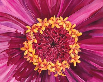 Purple Zinnia Watercolor Print Card: Floral Close-Up Painting