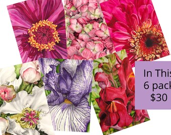 Floral Watercolor Greeting Card Set, Blank, Pink Zinnia, Purple Iris, Red Snapdragon, Crab Apple Blossom, Strawberry Hydrangea, (Pack of 6)