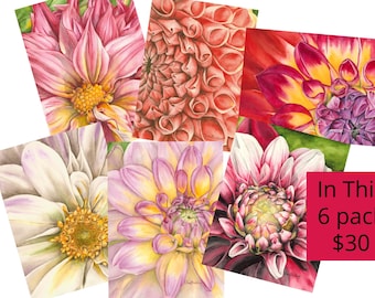 Set di biglietti d'auguri floreali ad acquerello, stampe artistiche botaniche, confezione da 6, biglietti bianchi