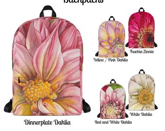 Dahlia Watercolor Print Backpack, Floral Summer Bag, Laptop Compartment, Water-Resistant