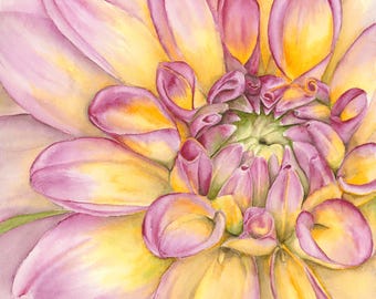 Watercolor Dahlia Flower Print Card: Pink & Yellow Floral Painting