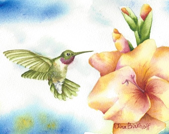 Hummingbird Watercolor Print Card: Gladiolus Elegant Greeting Card
