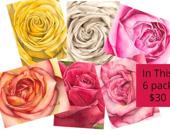 Floral Watercolor Greeting Card Set, Botanical Art Prints, Pack of 6, Blank Cards