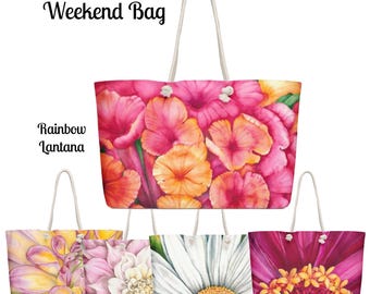 Floral Watercolor Print Bag, Fabric large Bag, Zinnia, Dahlia, Lantana, Daisy