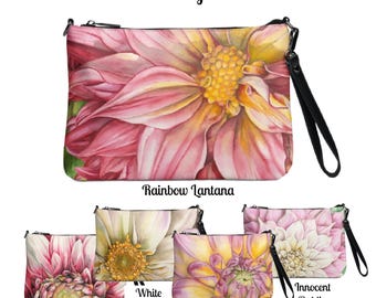 Dahlia Watercolor Print Crossbody Purse, Summer Wrist Purse, Flower Shoulder Bag