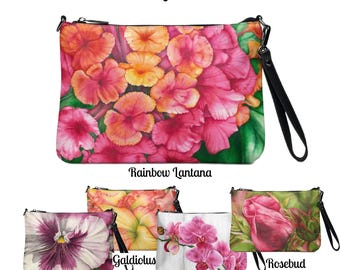 Floral Watercolor Print Crossbody Purse, Summer Wrist Purse, Flower Shoulder Bag