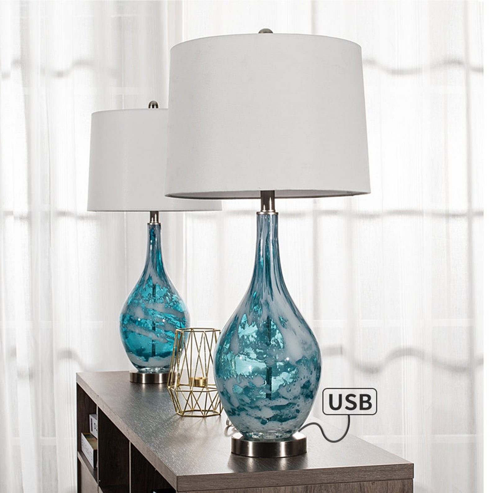 Matching marble blue glass table lamp set with USB port ADA Etsy