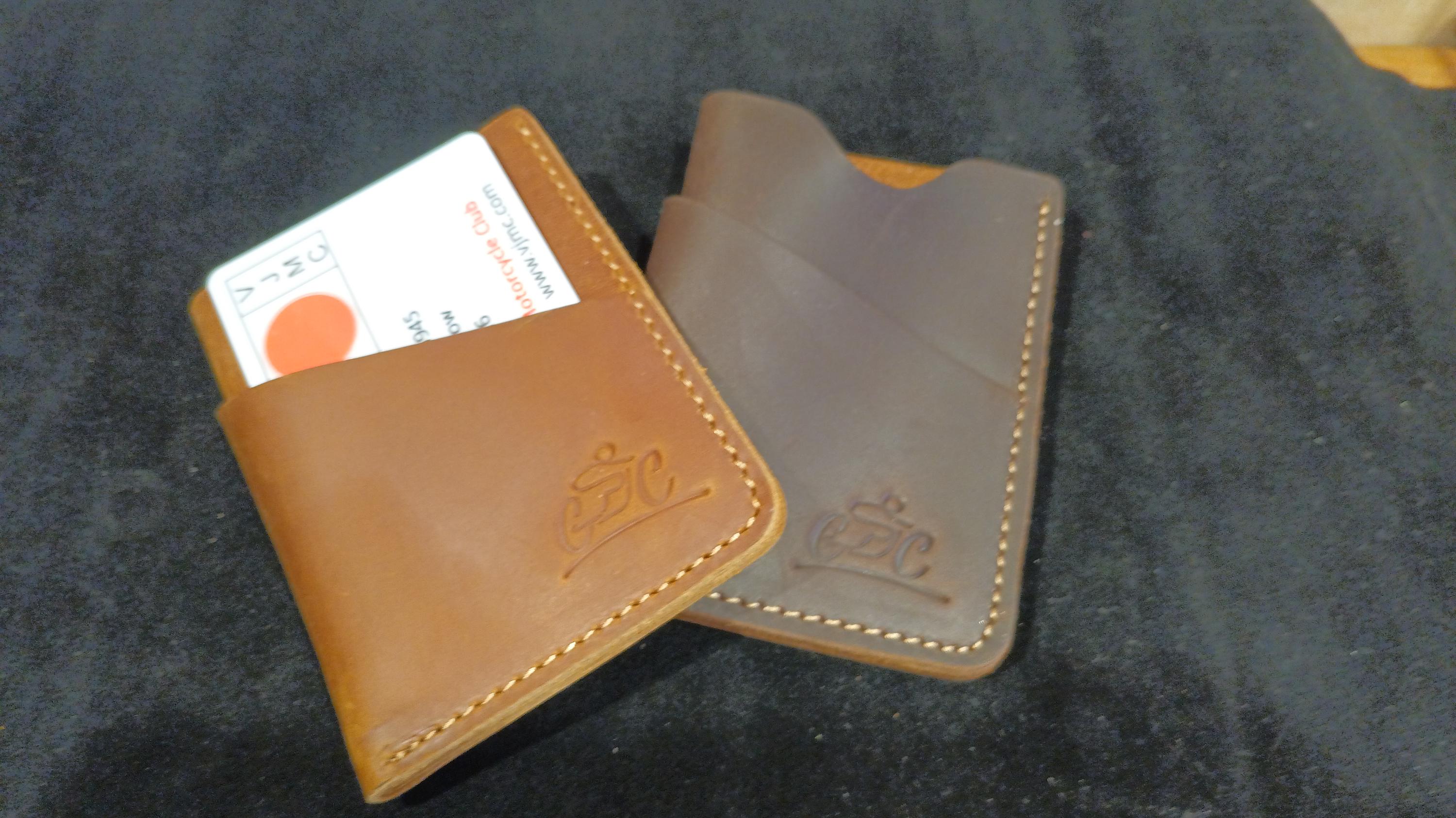 Leather credit card wallet for motorcyclists - Tan colour - embossed with the Motocc Logo