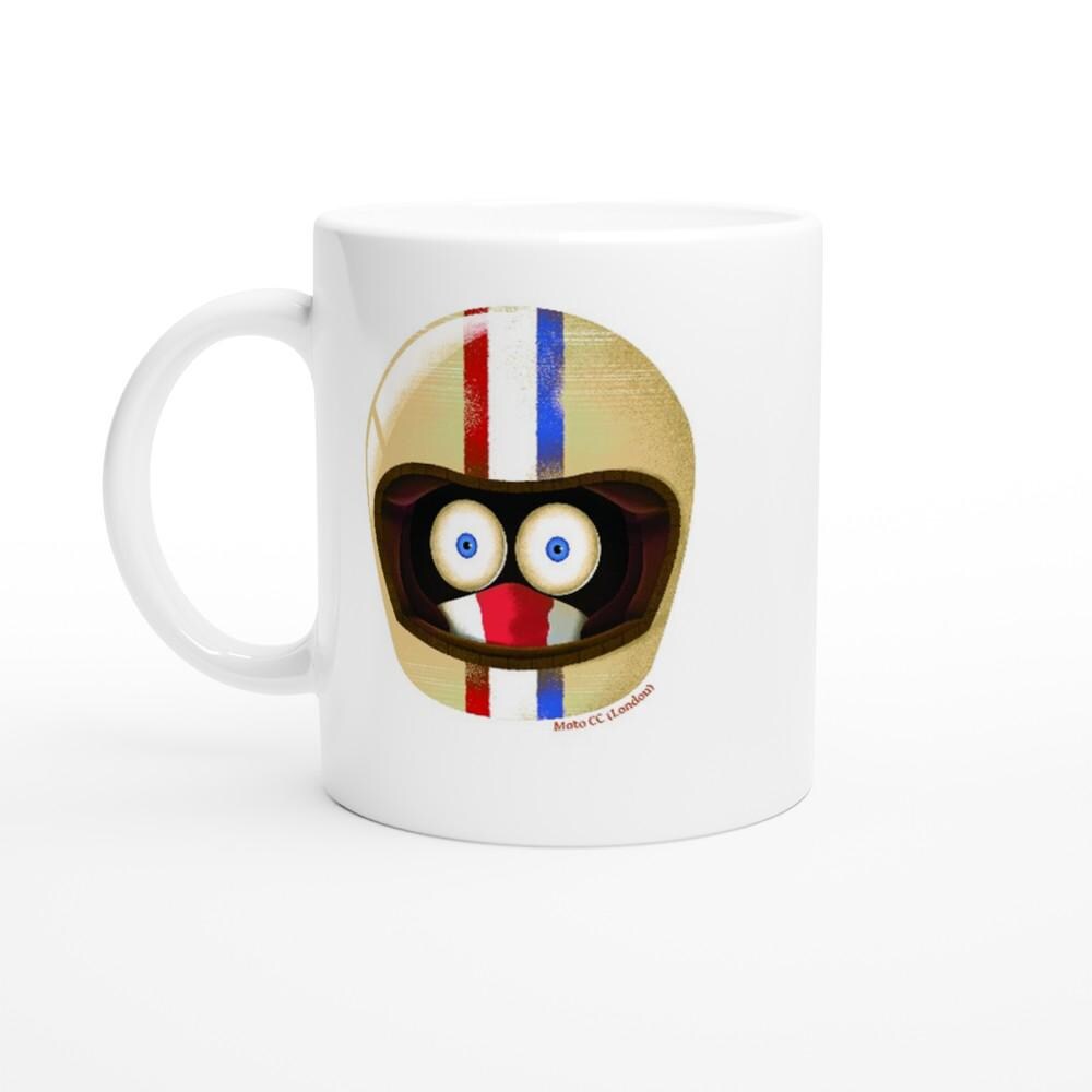 Humorous Biker Mug - wide eyed biker - Red/White/Blue - unique design