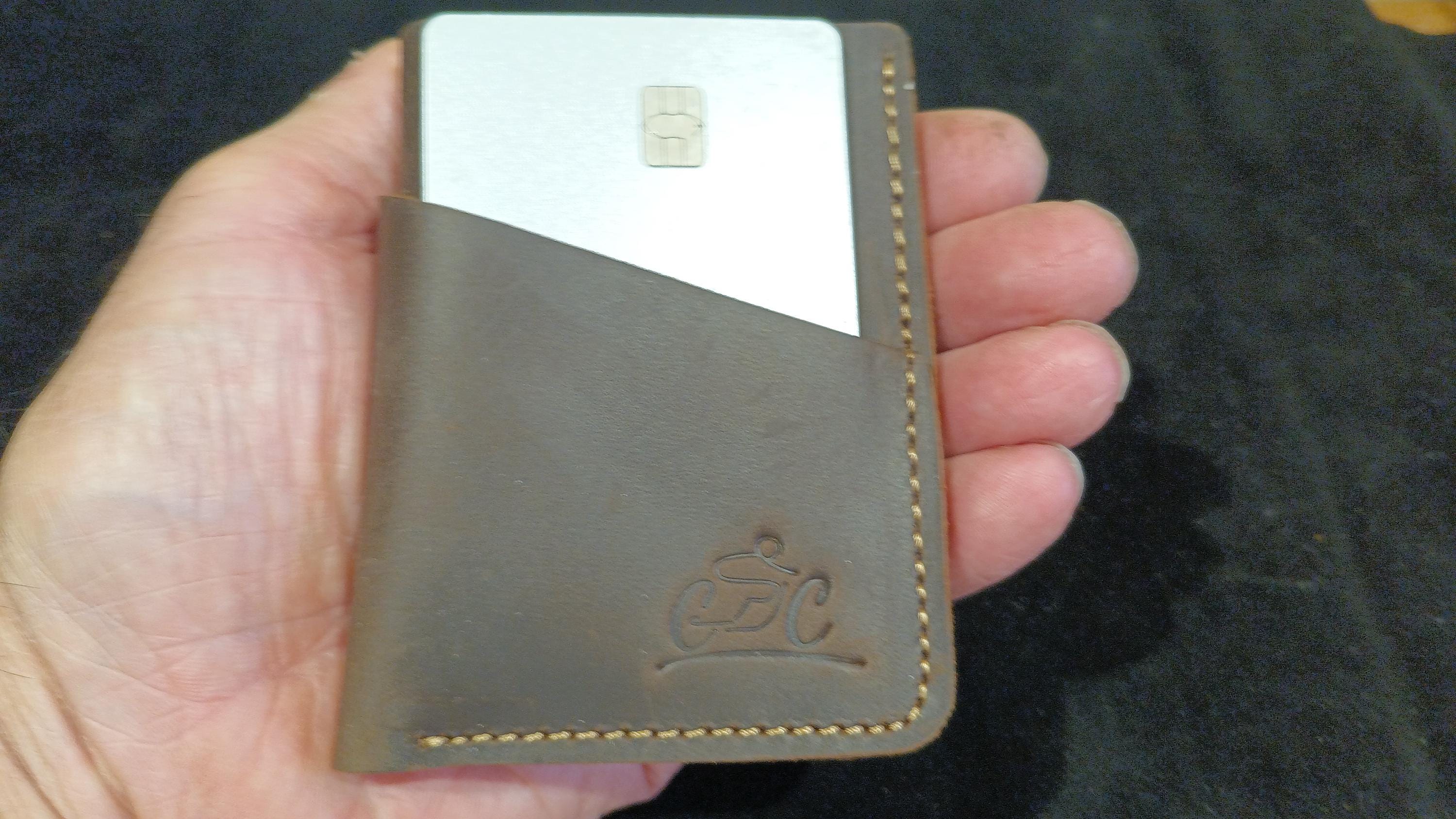 Leather credit card wallet for motorcyclists - Brown colour - embossed with the Motocc Logo