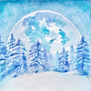Look Up | Vollmond Nacht Sterne Himmel Wald Natur Aquarell Wand Kunstdruck Poster