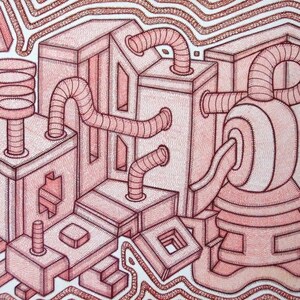Könnte beinhalten: Abstrakte Illustration einer komplexen Industriestruktur, in Rottönen gehalten und mit dunklerem Rot umrandet. Das Kunstwerk zeigt miteinander verbundene geometrische Formen, Rohre und architektonische Elemente, die ein detailliertes Design bilden.