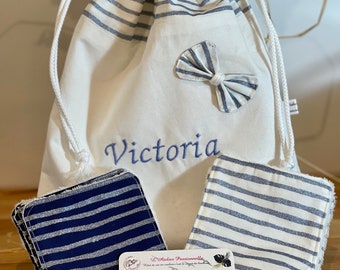 Pochon Marinière Noeud à paillettes Modèle Victoria personnalisable pour bébé ou jeune fille, broderie avec ou sans lingettes lavables