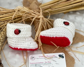 Chaussons taille 0-3 mois crochetés à la main, Collection Animaux, Coccinelle, cadeau naissance fait main