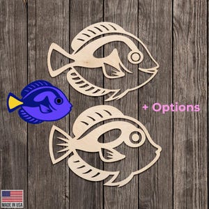 Blauwe visvorm en dory-stijl | Optionele overlay ontwerp tropisch hout uitsnede verschillende maten voor doe-het-zelf (onafgewerkt hout)
