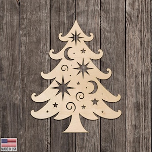 Christmas Tree Constellations Decor Style Tree w Noel Star Design Cut Wood Laser Cutout Various Sizes for DIY (Unfinished Wood )