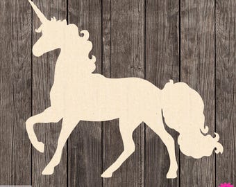 May include: A cream-colored unicorn silhouette with a spiraled horn, flowing mane, and tail. The unicorn is posed in a walking stance. The words "MADE IN USA" are printed on the bottom left. The word "Replimodels" is printed on the bottom right.