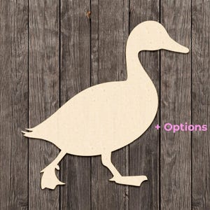 May include: A light beige wooden duck cutout, walking to the left, with a long neck and a beak. The duck is set against a dark brown wooden background. The text "+ Options" is in pink.