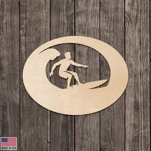 Surfer Wood Cutout – Surfing Wall Art | Coastal Beach Decor | Laser Cut Ocean DIY Craft | Rustic Surf Gift