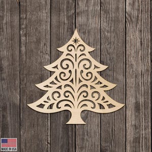 Scrollwork Decorative Christmas Tree Shade Style Tree w Noel Star Design Cut Wood Laser Cutout Various Sizes for DIY (Unfinished Wood )