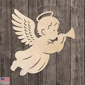 Stencil in legno grezzo con disegno di tromba di un piccolo angelo, varie dimensioni, per il fai da te.