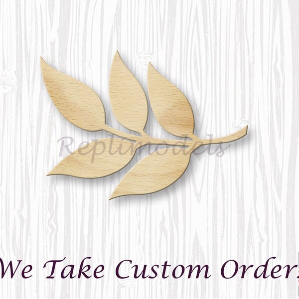 Single Leaf Branch Embellishment Shape Wood Engraved Cutout Various Sizes for DIY (Unfinished Wood)