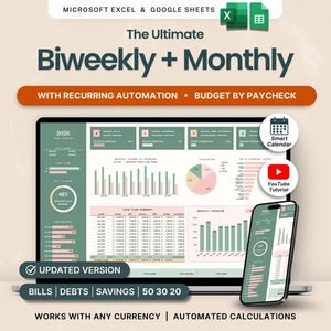 May include: A digital budget planner for Microsoft Excel and Google Sheets displayed on a laptop and smartphone screen. The interface features sage green and soft pink charts, tables, and graphs for tracking biweekly and monthly finances, bills, debts, and savings with automated calculations.
